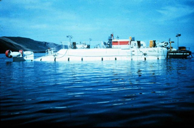 TRIESTE II ballasted and prepared to dive. Picture