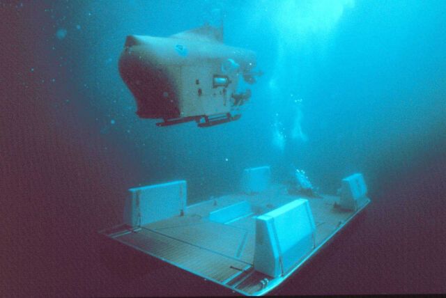 PICSES V deployed from submerged launch-retrieval-transport (LRT) barge. Picture