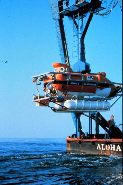 MERMAID deployed from support ship Aloha-- commercial sub leased for science. Picture