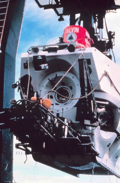 DSV Alvin hovers above deck before diving to 4,000 meters. Picture