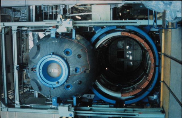 Undersea habitat assembly, cylinders and spheres withstand pressure. Picture