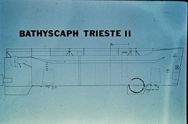 Bathyscathe, TRIESTE II, dove to over 13,000 feet in the late 1960s. Picture