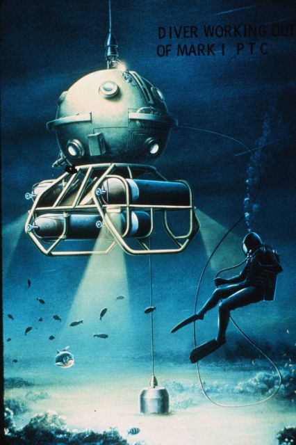 Diver exits Navy Mark I Personnel Transfer Capsule (PTC). Picture