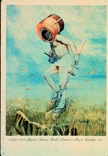 In 1680, physicist Giovanni Borelli attempts to recycle his own breathing air. Picture