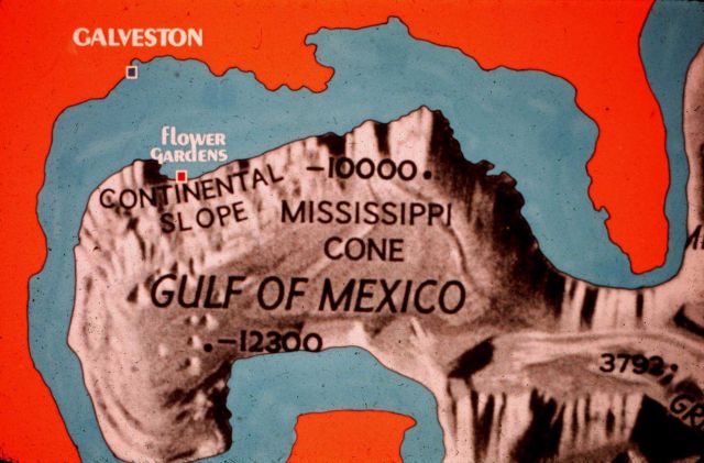 Gulf of Mexico showing continental slope and Flower Gardens Banks. Picture