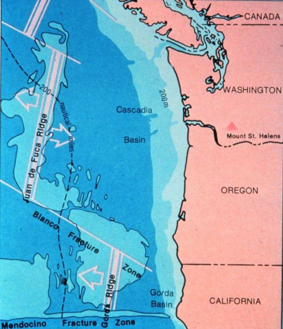 Chart showing the Juan de Fuca and Gorda Ridges, hydrothermal vent sites. Picture