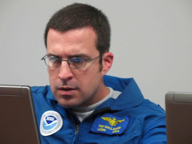 P-3 Lieutenant Commander Tim Gallagher at briefing prior to flying into Hurricane Ike. Picture