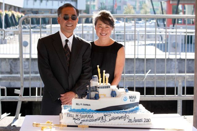Allen and Julie Shimada, at the commissioning ceremony for the ship named for their father, the NOAA Ship BELL M Picture