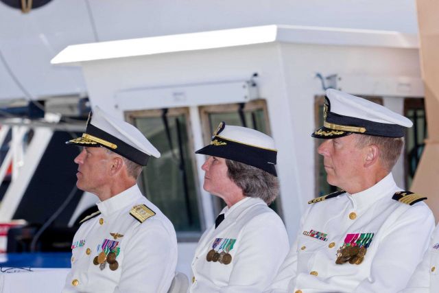 Rear Admiral (UH) Jonathan Bailey, NOAA Corps, Captain Michelle Bullock, NOAA Corps, and Navy chaplain at the commissioning ceremony of the NOAA Ship  Picture