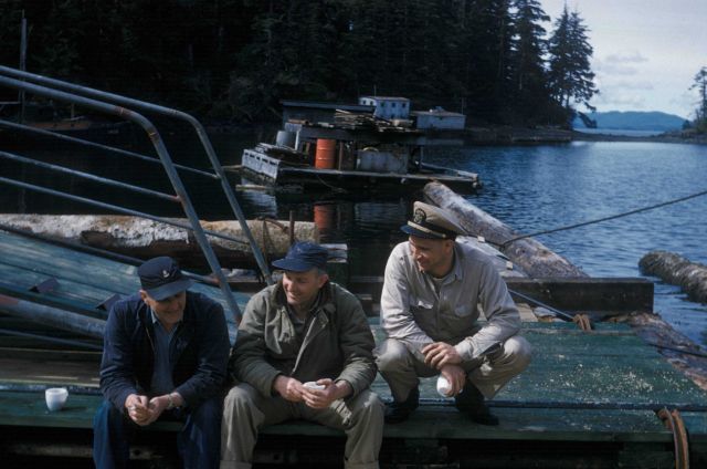 Crew and officer off the PATTON in a small SE Alaska port. Picture