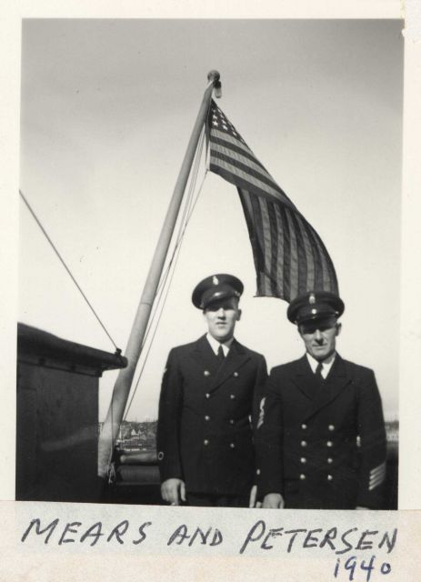 Petty officer Mears and Chief Boatswain Petersen with hash marks on sleeve. Picture