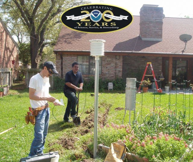 Personnel from the NWSFO in Corpus Christi, Texas, helping install a temperature sensor and a rain gauge for new volunteer Cooperative Observers at th Picture