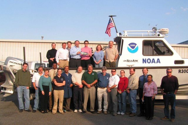Chesapeake office of NOS COOPS with Jack Dunnigan, blue shirt middle boat, NOS Assistant Administrator. Picture