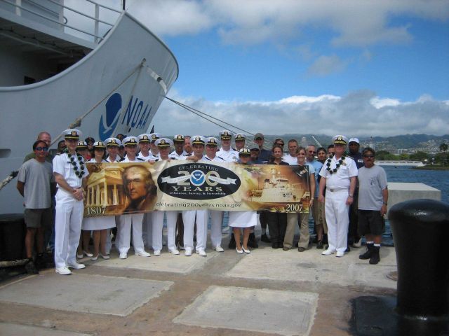 Crews of NOAA Ships Oscar Elton Sette and Hi'ialakai join Rear Admiral Samuel P Picture