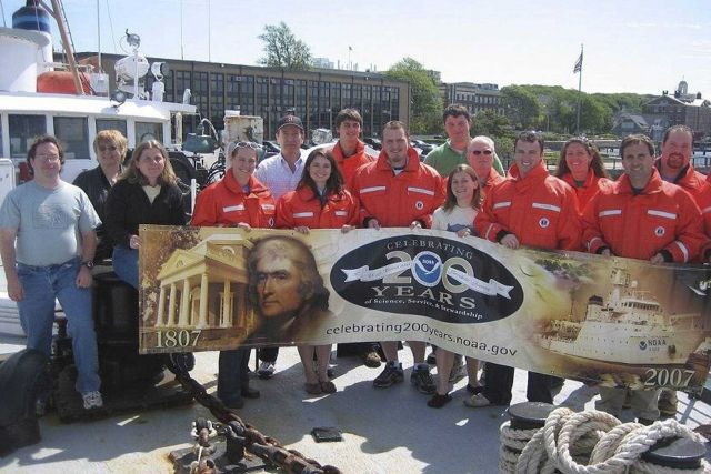 Greetings from the NOAA Fisheries Ecosystem Survey Branch (making fisheries surv eys for over 40 years) of the NMFS Woods Hole Laboratory.Front L-R: R Picture