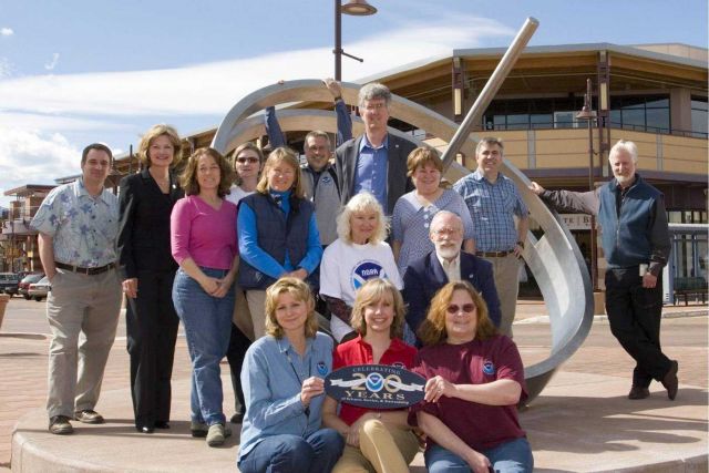 The NOAA Boulder Outreach Coordinating Council and other NOAA personnel shown here worked with artist and meteorologist Ken Leap to implement a sundia Picture
