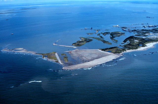 This view of the west end shows the oil and gas infrastructure on the island where the main pumping area is located. Picture