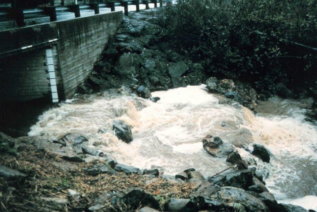 Looking straight down at the fish pools, post restoration during a high-flow event. Picture