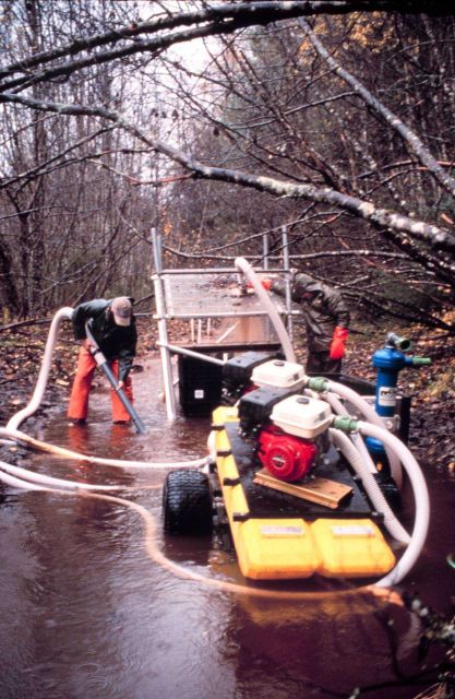 In the foreground, two pumps operate the modified gold dredge Picture