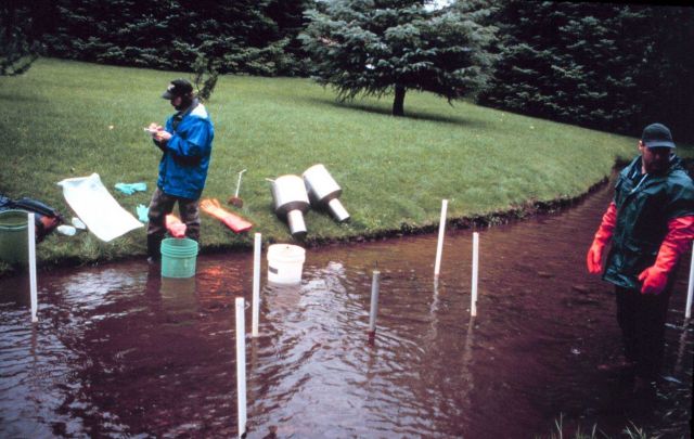 A scientist prepares to do sampling for gravel cleanliness and dissolved oxygen levels. Picture