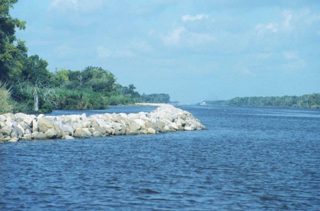 Rock dike along Intracoastal Waterway (GIWW). Picture