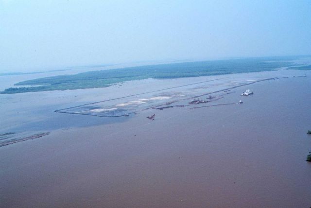 Sediments at the Big Island restoration site are pumped into the rectangular area after being dredged from the main channel of the project Picture