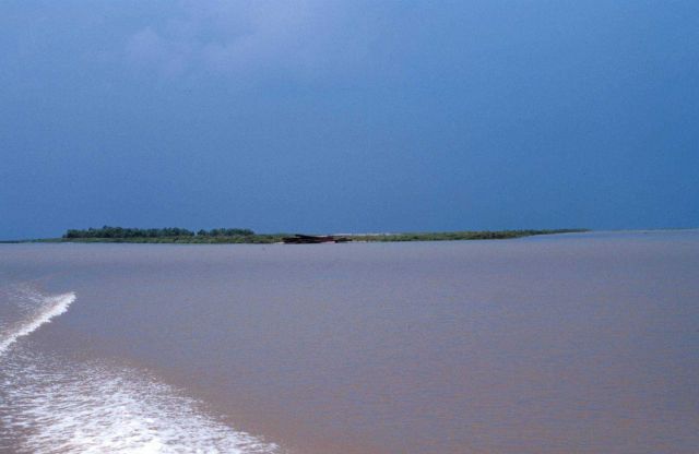 In the background of the boat wake is a delta lobe created by the Big Island restoration project. Picture