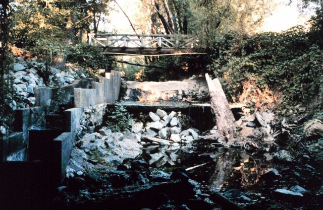 This image shows partial breeching of the dam and the initial construction of the pools. Picture