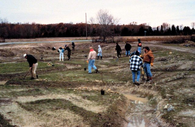 A view of the restoration site looking downstream, note the new shallow base flow channel. Picture
