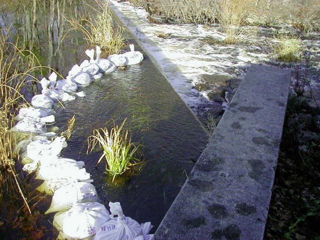Just before the notch is cut, sand bags are placed at the headwaters to allow notching of the dam Picture