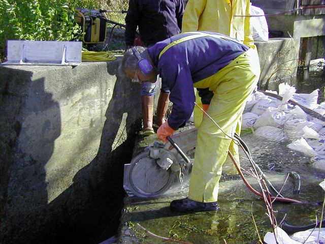 Cutting the notch in the dam. Picture
