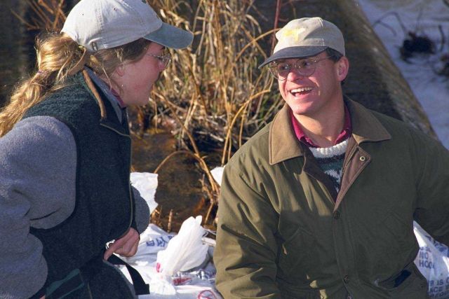 Eric Hutchins, NOAA, and Cindy Mom, Essex County Greenbelt Association, discuss the project at the restoration site. Picture