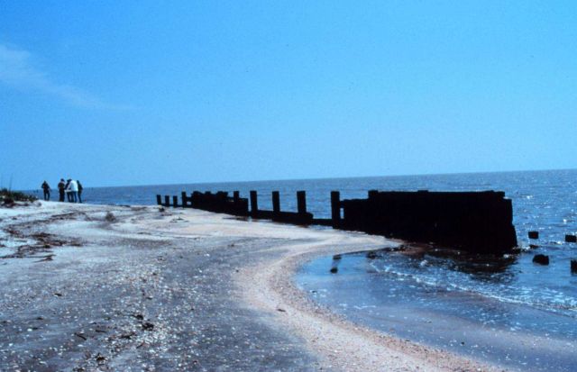 A wooden bulkhead protects the end of an oil and gas pipeline on the Gulf of Mexico Picture