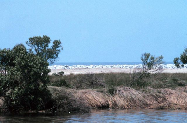 A view of the Gulf of Mexico from Mobile Canal, the rock is on the beach in the background. Picture