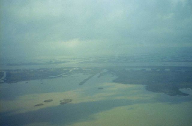 Dixon Bay, the southwest pass levee and base camp site in dense fog. Picture