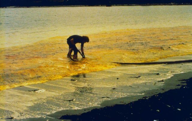 A clean-up worker in the process of skimming oil as part of the clean-up process after the World Prodigy oil-spill. Picture