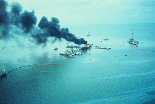 An oil rig blew out spewing crude oil into Timbalier Bay Picture