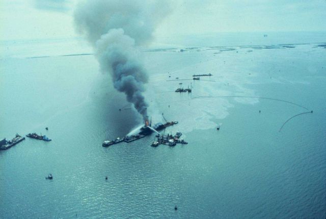 An oil rig blew out spewing crude oil into Timbalier Bay Picture