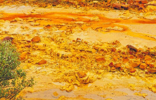 Acid mineral deposits in the Debris Dam, Iron Mountain Mine. Picture
