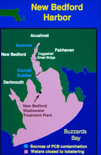 A map of New Bedford Harbor showing sources of PCB contamination. Picture