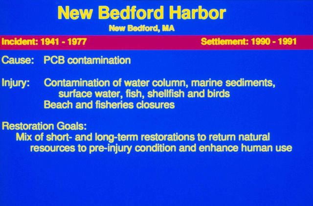 A slide describing the restoration goals at the New Bedford Harbor Superfund site. Picture