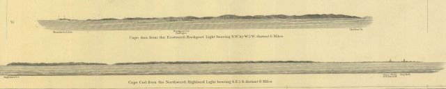 Cape Ann from Eastward showing Thatcher's Island Lights and Cape Cod from northward showing Highland Light bearing S.E. Picture