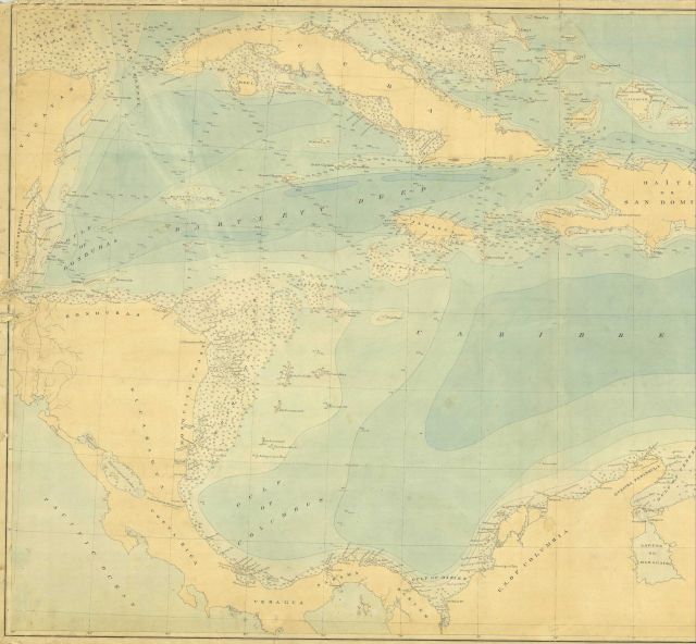 Western half of hand-colored bathymetric map of the Caribbean Sea based on soundings of the C&GS Steamer BLAKE under the command of Commander John R Picture