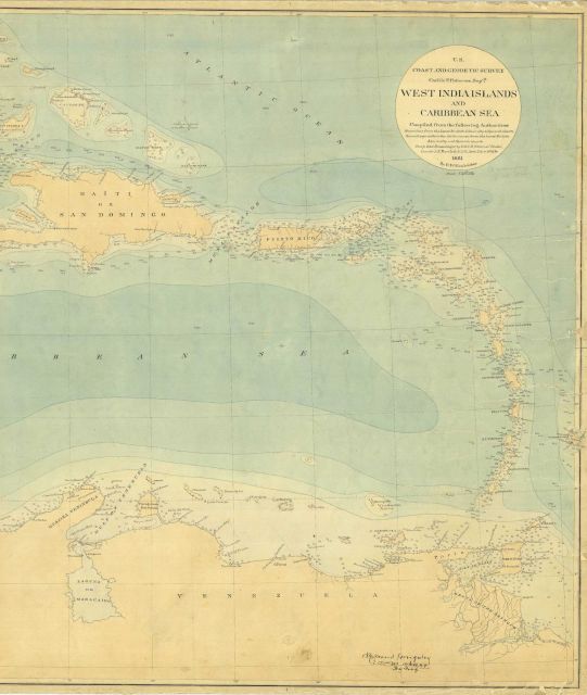 Eastern half of hand-colored bathymetric map of the Caribbean Sea based on soundings of the C&GS Steamer BLAKE under the command of Commander John R Picture