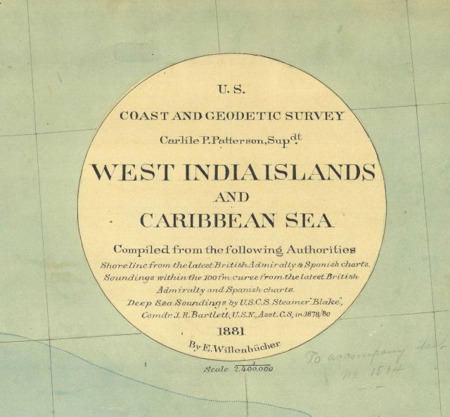 Title block to bathymetric map of the West India Islands and Caribbean Sea by E Picture