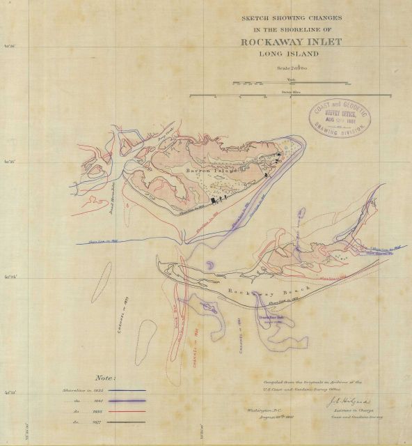 Sketch showing changes in shoreline in the vicinity of Rockaway Inlet between 1835 and 1877. Picture