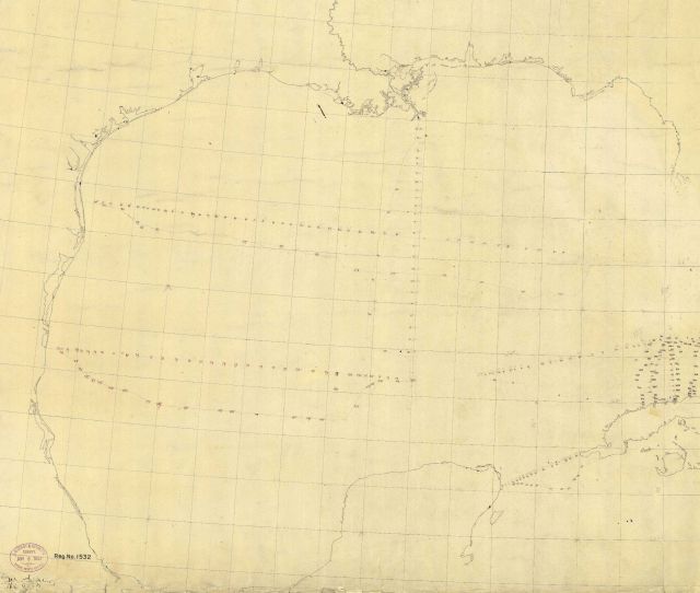Rough draft of Gulf of Mexico showing depth profiles along various lines with both surface temperatures and bottom temperatures plotted in degrees Fah Picture