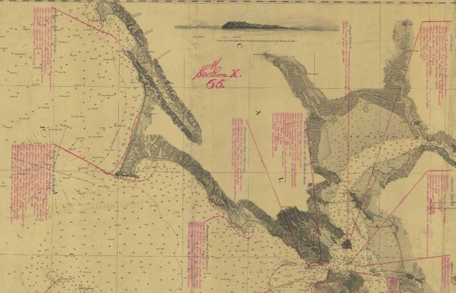Chart annotated with shipwreck information for vicinity of San Francisco Bay. Picture