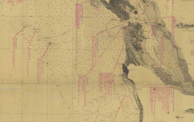 Chart annotated with shipwreck information for vicinity of San Francisco Bay. Picture