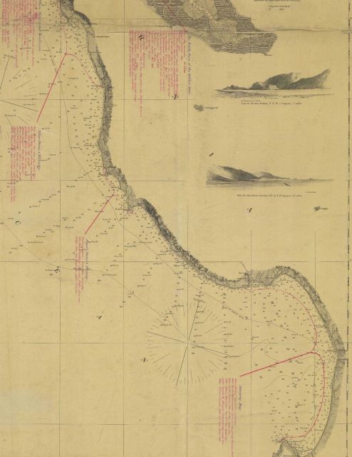 Chart annotated with shipwreck information for area south of San Francisco Bay to Monterey Bay. Picture